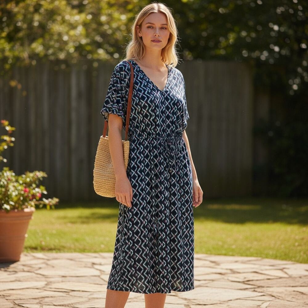 Tracy Negoshian Vneck Dress Geometric Tie Waist Large